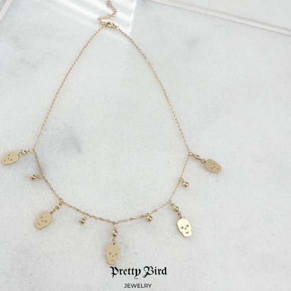 18K Yellow Gold Plated Skull Charm Choker Necklace - 17.5" - Picture 4 of 4